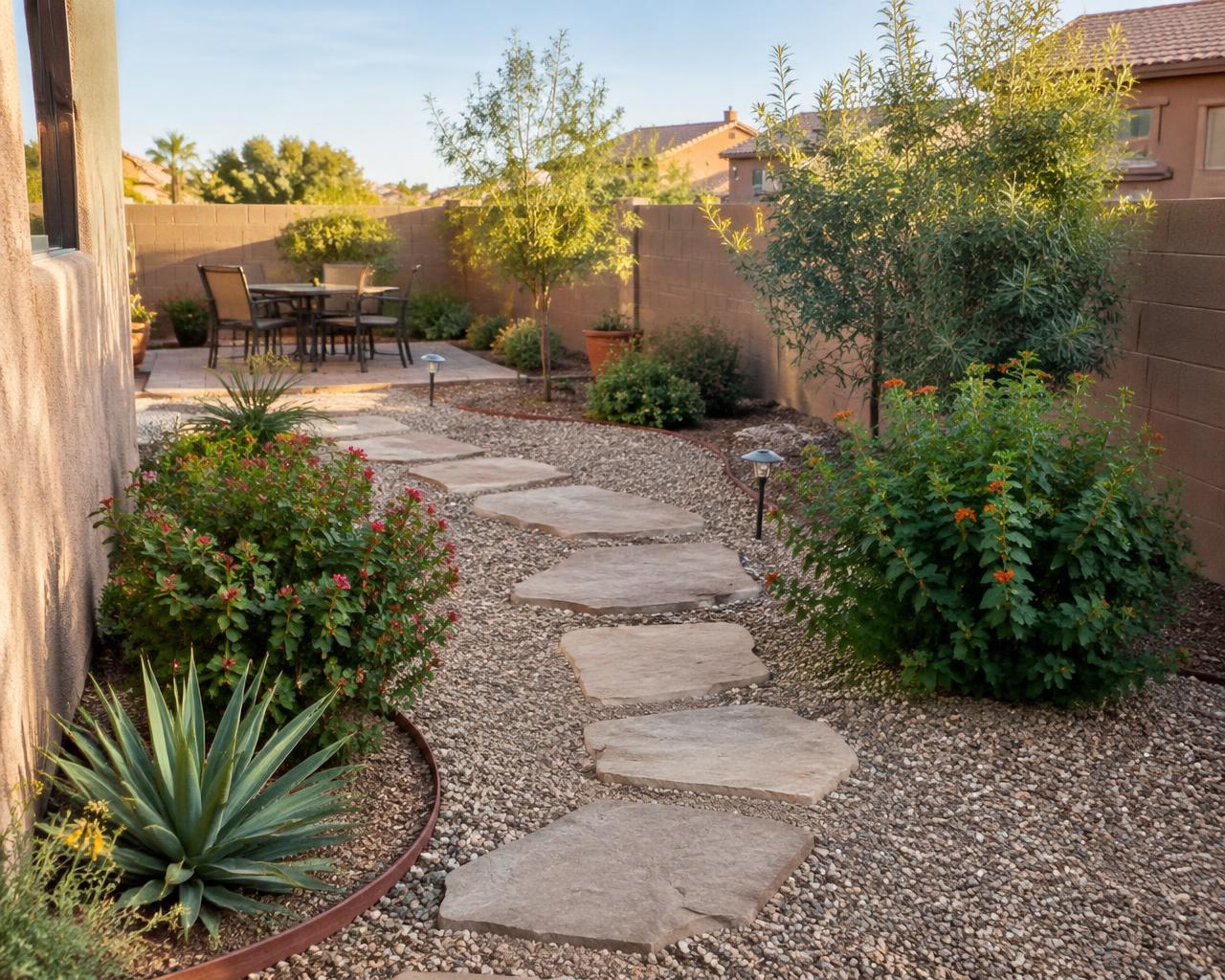 Backyard flagstone path through gravel with planted beds and a small patio