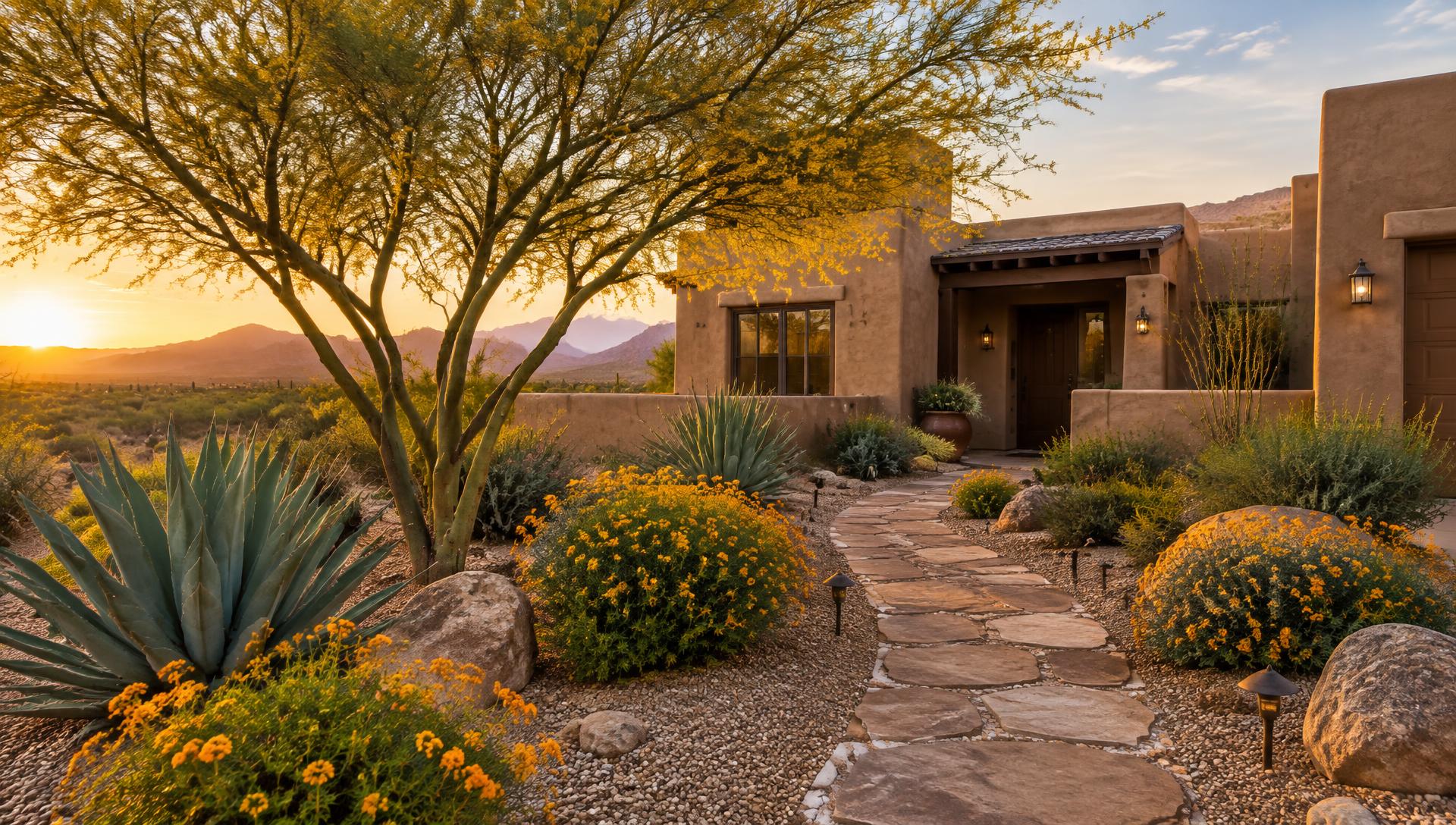 Desert front yard at sunset with a stone path, agave, flowering shrubs and a palo verde tree before an adobe-style home